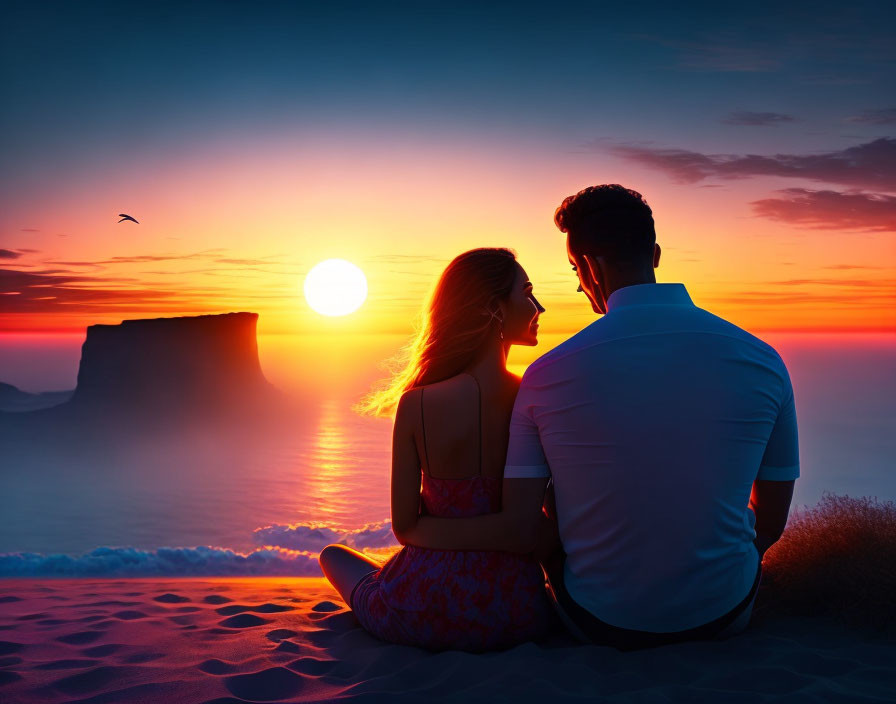 Couple watching sunset on beach with rock formation in horizon