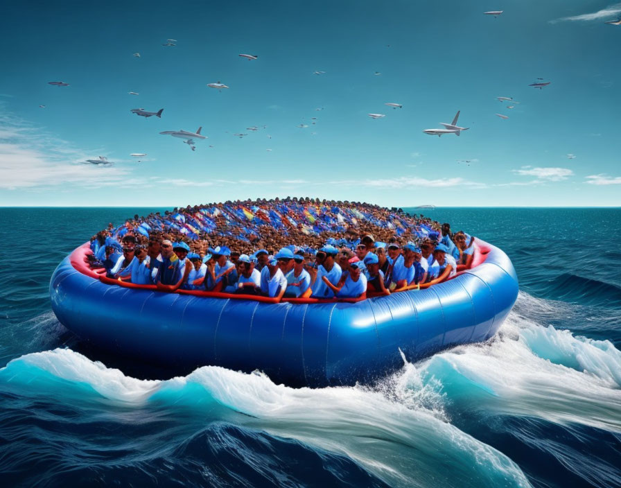 Crowded blue inflatable raft with men in blue uniforms on ocean under blue sky
