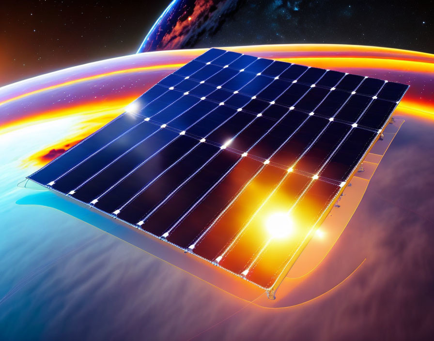 Solar panel in orbit above Earth with sunlight and glowing atmosphere.