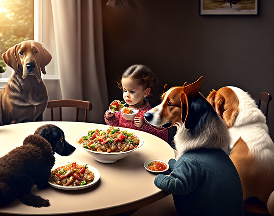 Young girl with four dogs at table, spaghetti meals laid out