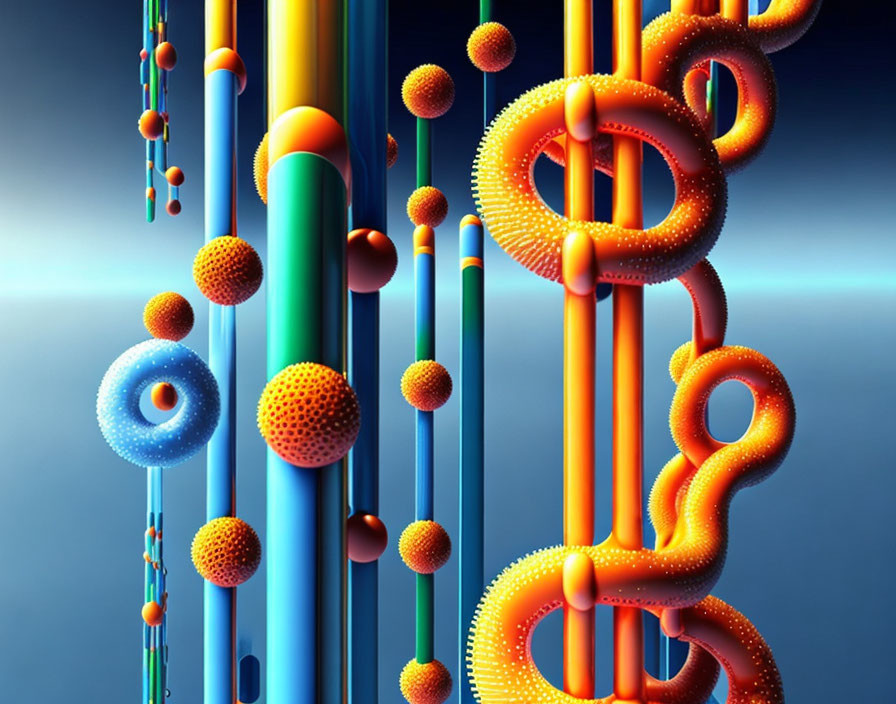 Colorful textured cylinders and spheres in abstract 3D art on blue gradient background.