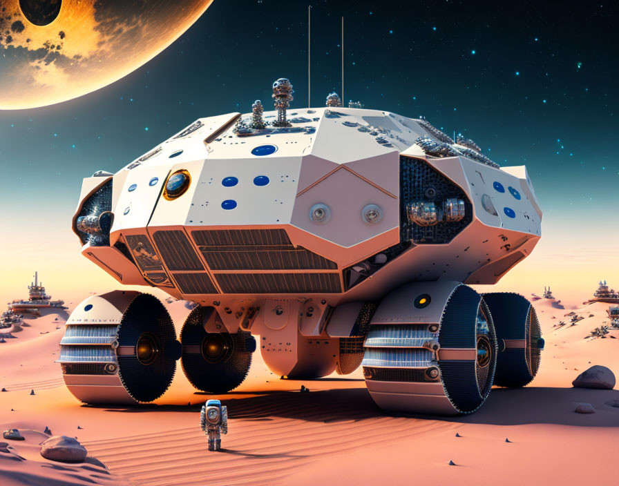 Large-wheeled rover explores alien desert with spacecraft under moon