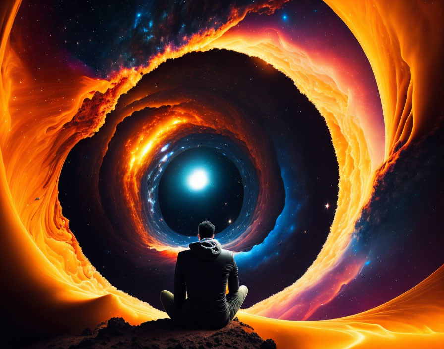 Person Contemplating Cosmic Vortex and Celestial Colors
