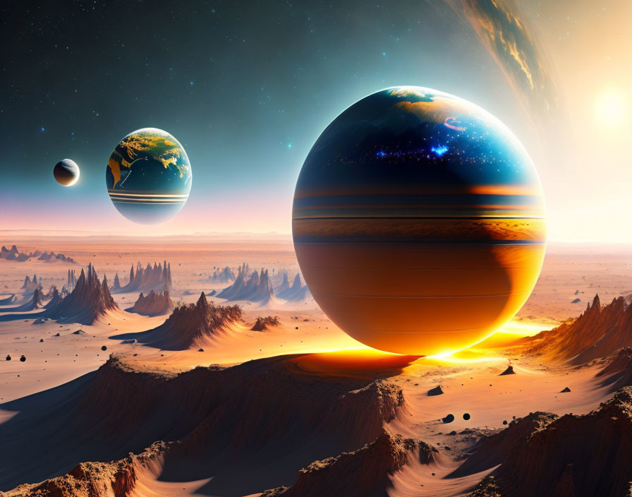 Alien desert landscape with rocky spires and large planets in the sky