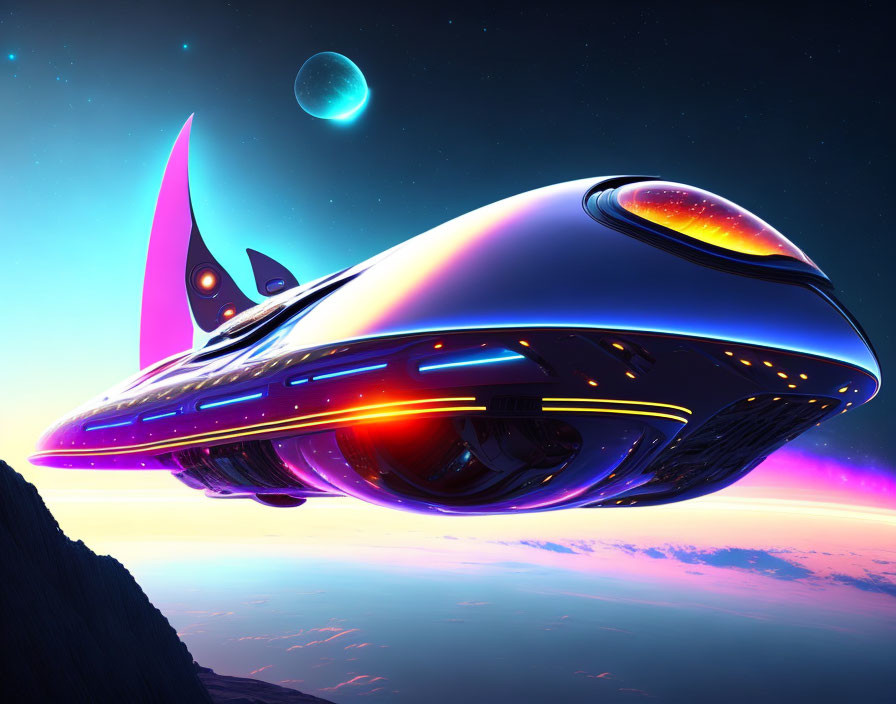 Futuristic spaceship with neon accents flying over planet with moon and stars in vibrant sunset gradient