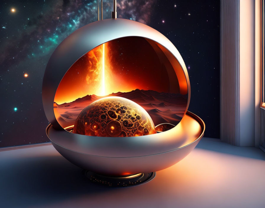 Futuristic hanging chair overlooking volcanic eruption on distant planet