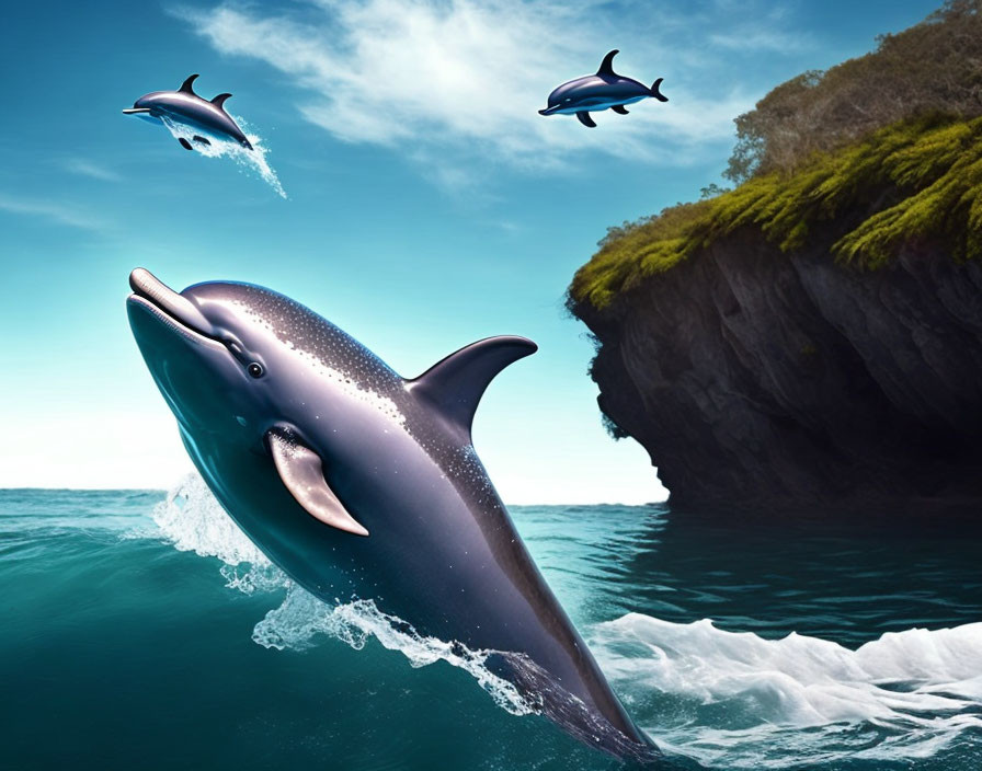 Dolphins leaping near cliff in clear sky