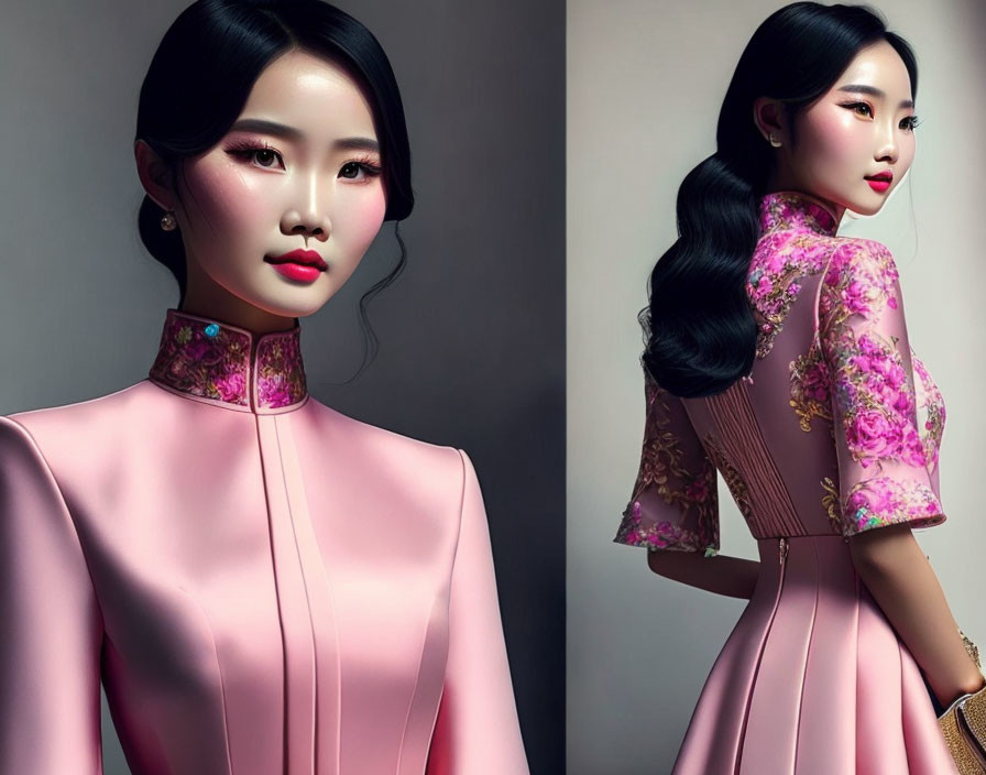 Digital artwork: Woman in pink Cheongsam, floral patterns, dual side profile view