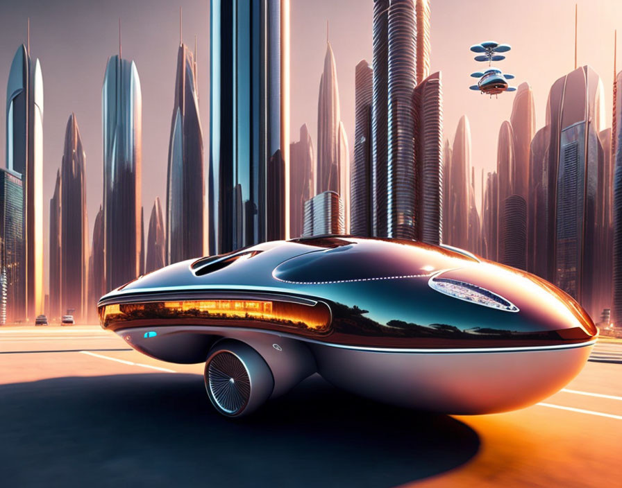 Futuristic vehicle on road with skyscrapers and flying crafts.