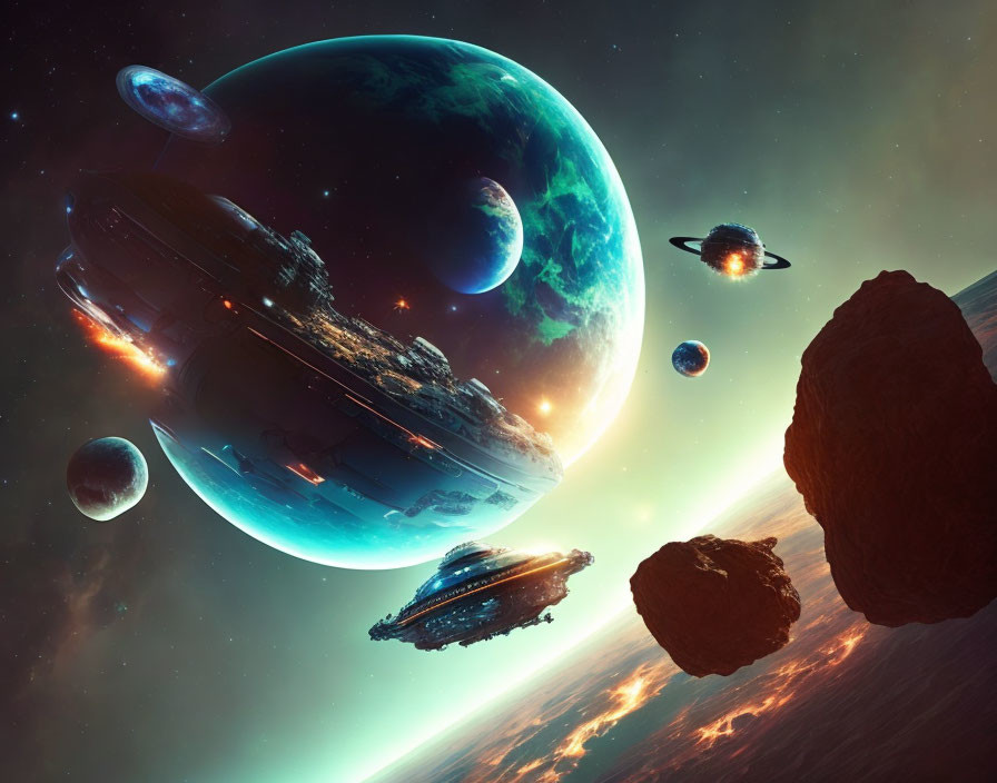 Sci-fi scene: Spaceships orbiting earth-like planet amid asteroids