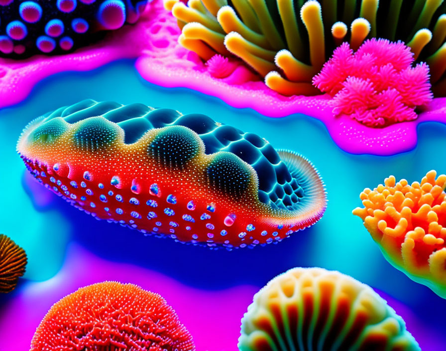 Vibrant Microscopic Marine Life with Elongated Microbe and Coral-like Structures