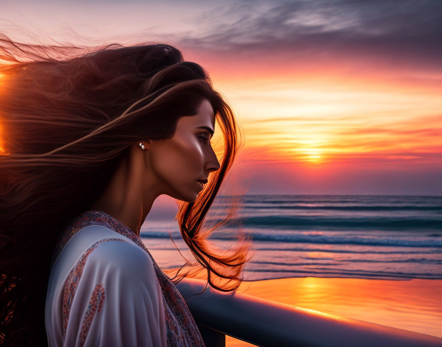 Woman with flowing hair admires vibrant ocean sunset