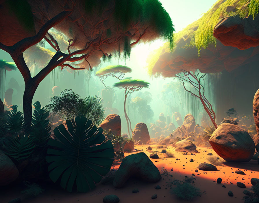Vibrant alien jungle with diverse foliage and misty atmosphere