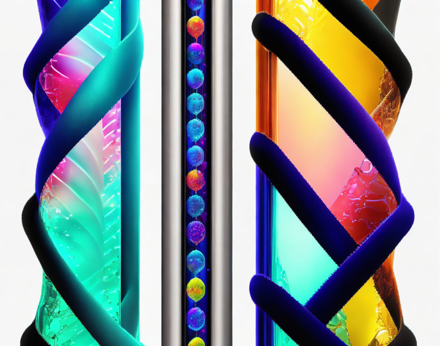 Vibrant abstract art: twisted columns, glowing spheres, neon ribbons