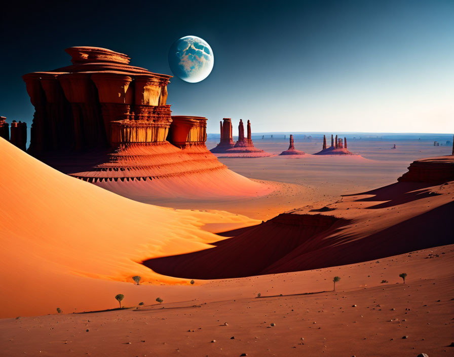 Vibrant orange desert landscape with rock formations and Earth-like planet