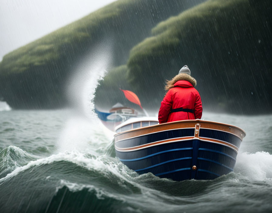 Person in red jacket on blue boat in choppy waters with misty landscape.