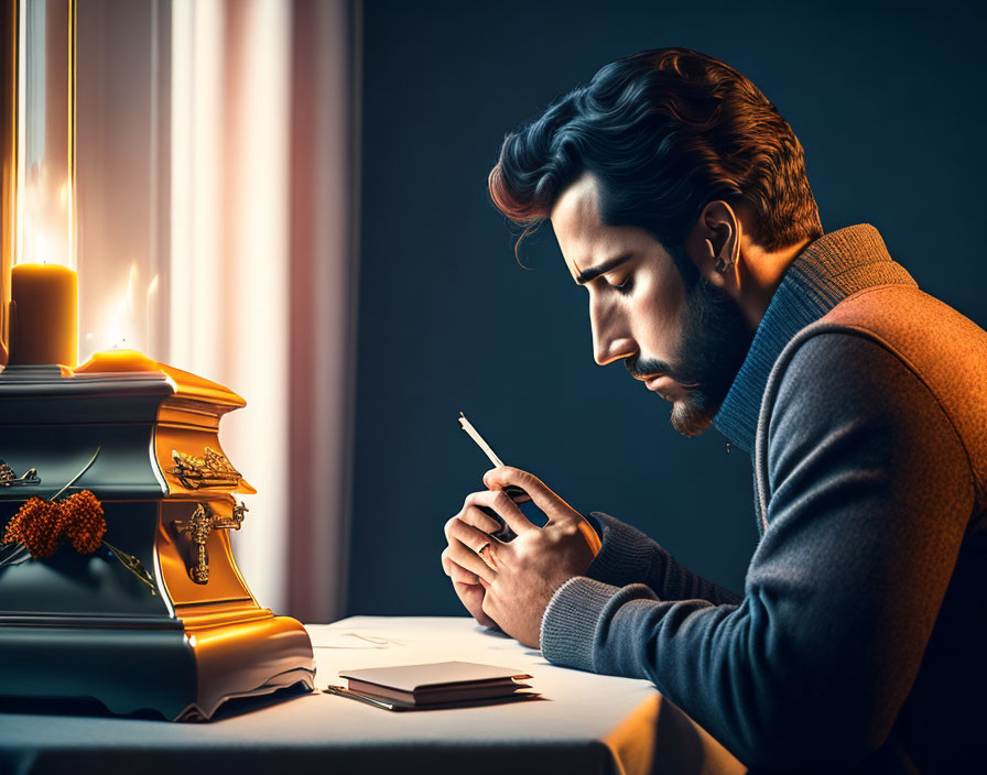 Bearded man writing by fireplace with curtains