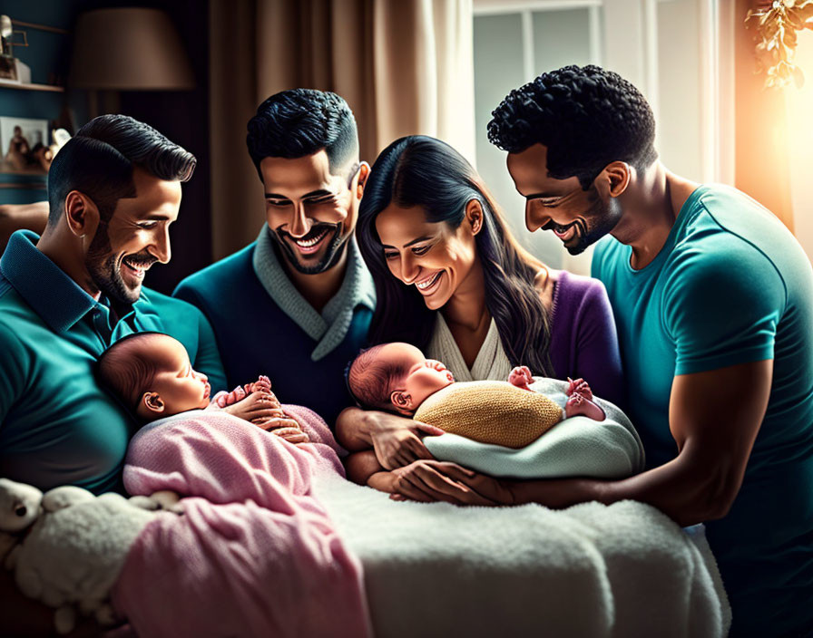 Four adults with two babies in warm lighting on bed.