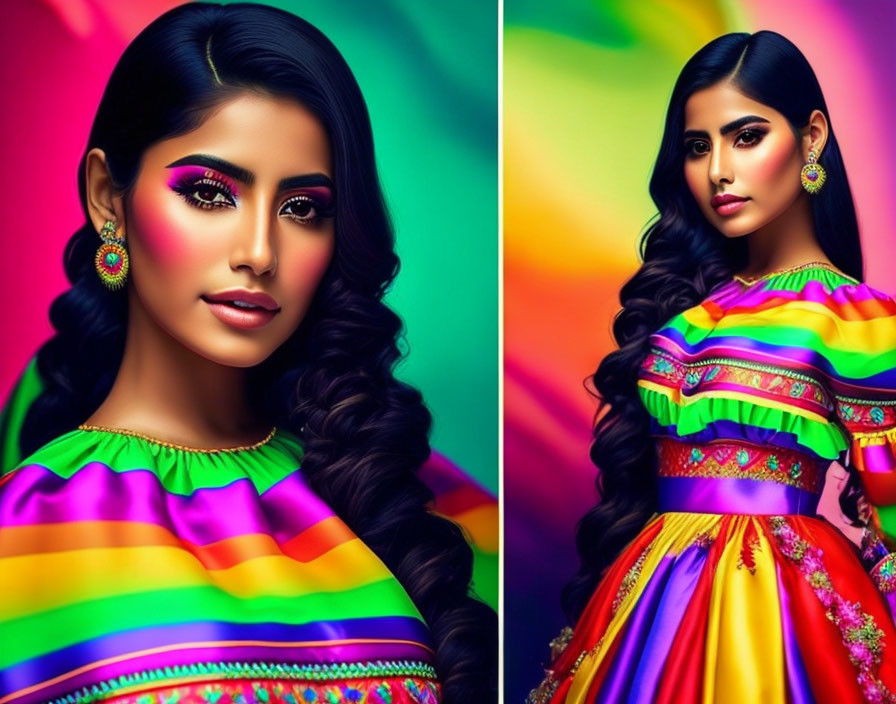 Colorful Traditional Attire and Makeup on Woman against Vibrant Background