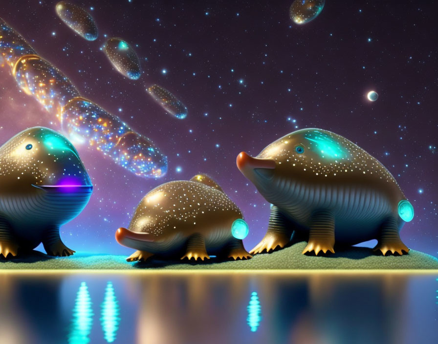 Bioluminescent futuristic armadillo-like creatures by reflective water under starry sky