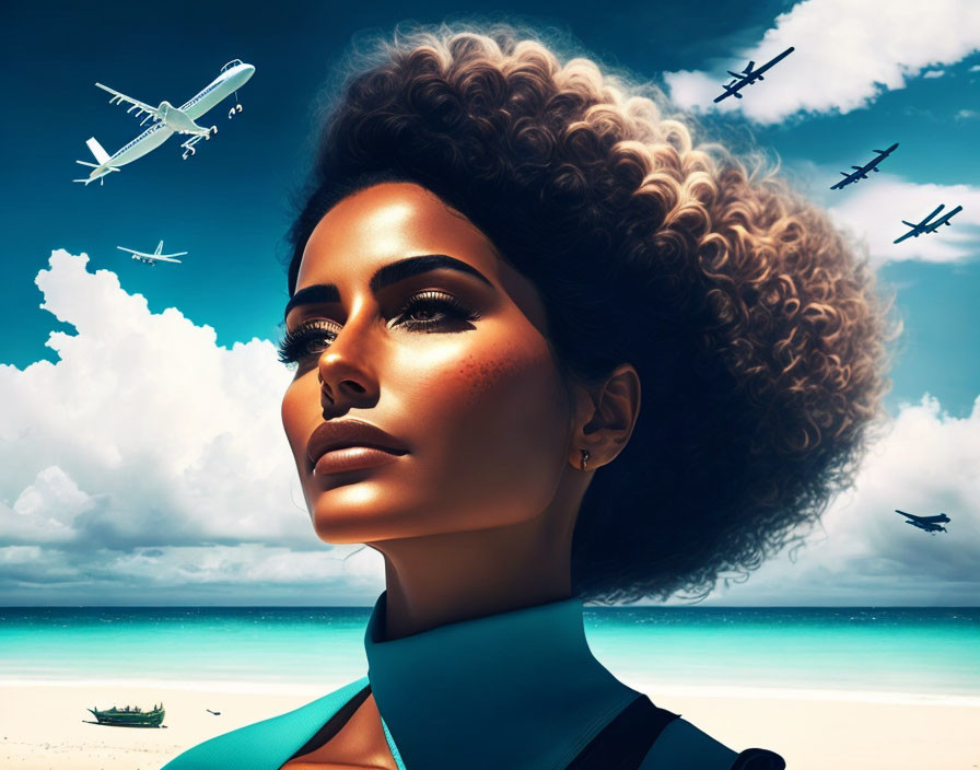 Stylized portrait of woman with curly hair on tropical beach with airplanes