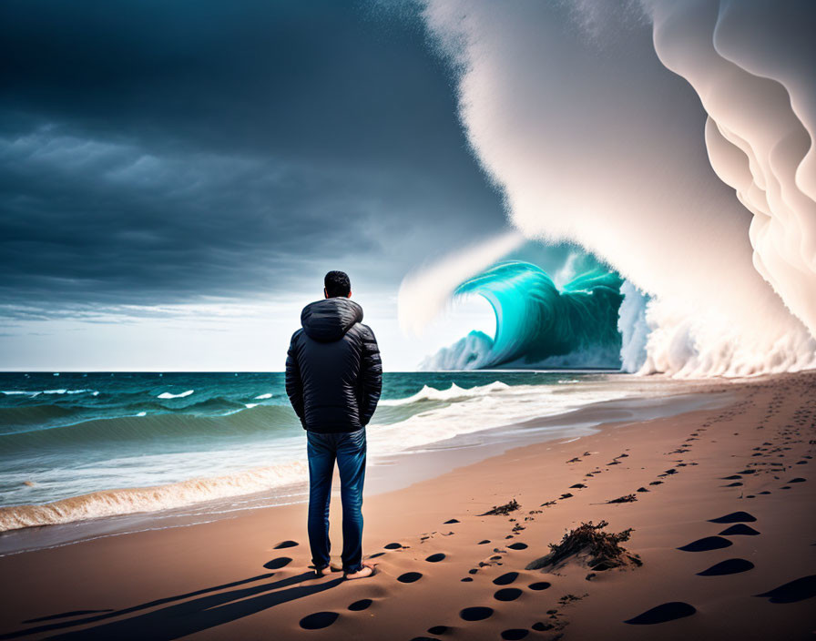 Person facing massive surreal wave on beach under dramatic sky