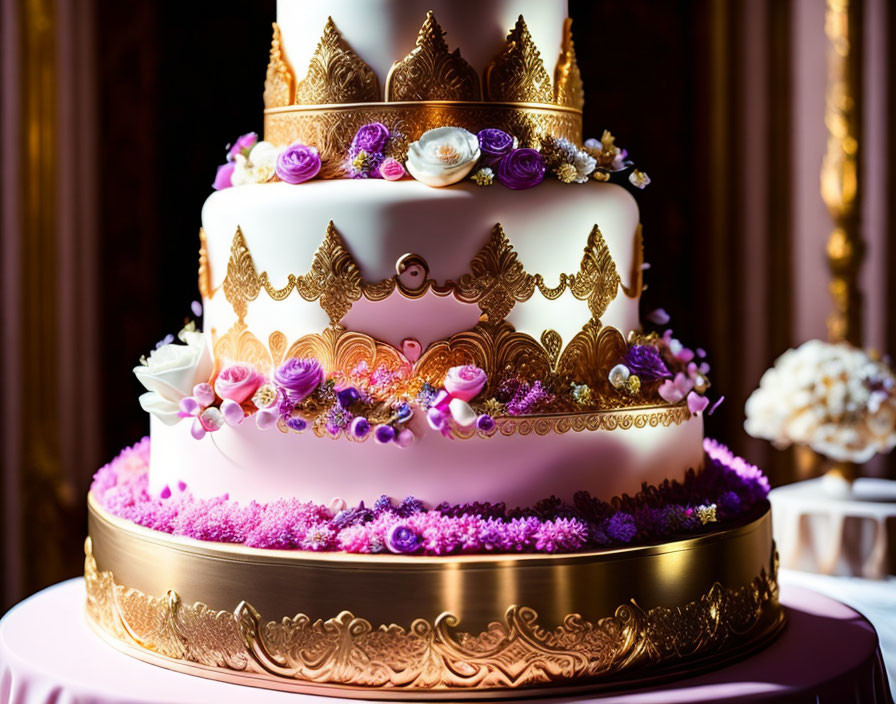 Luxurious multi-tiered cake with gold accents and purple flowers on display