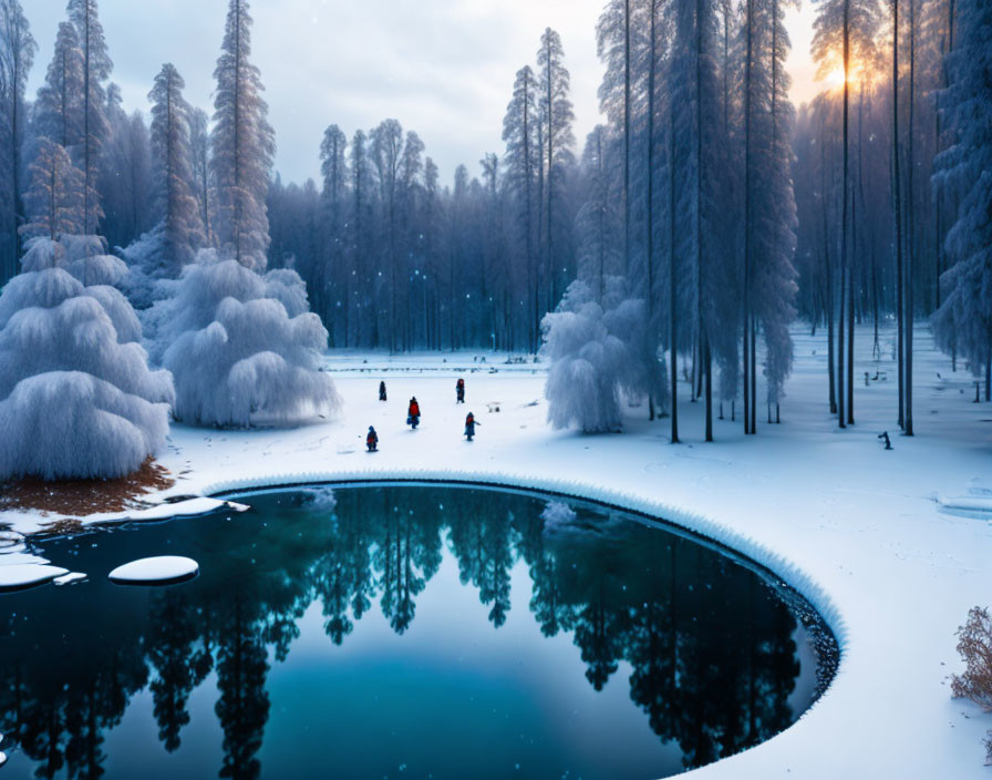 Tranquil winter scene: frozen pond, snowy trees, sunset.