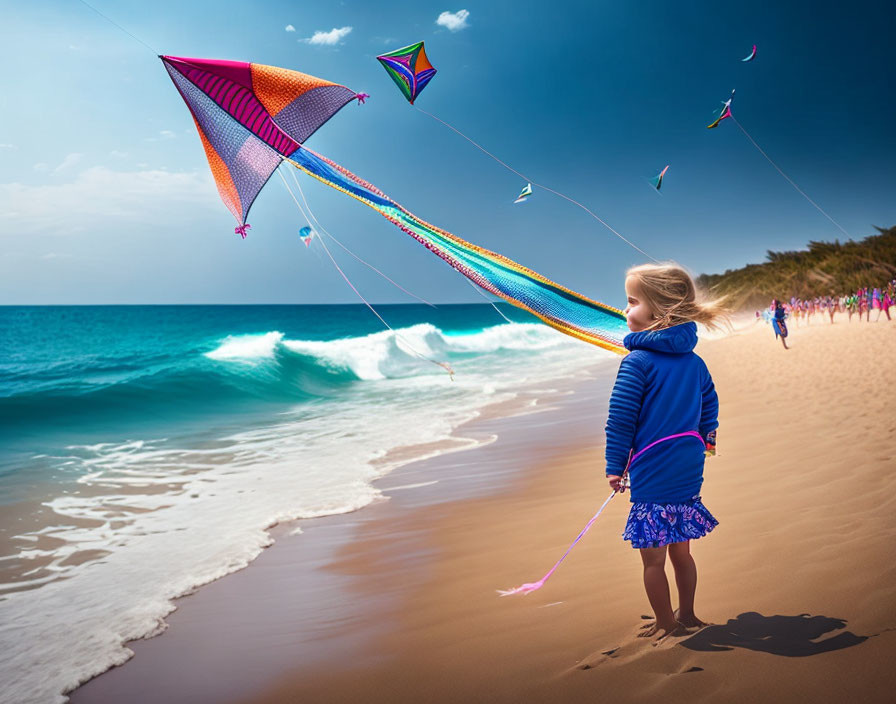 Young girl flying colorful kite on sandy beach with multiple kites in sky