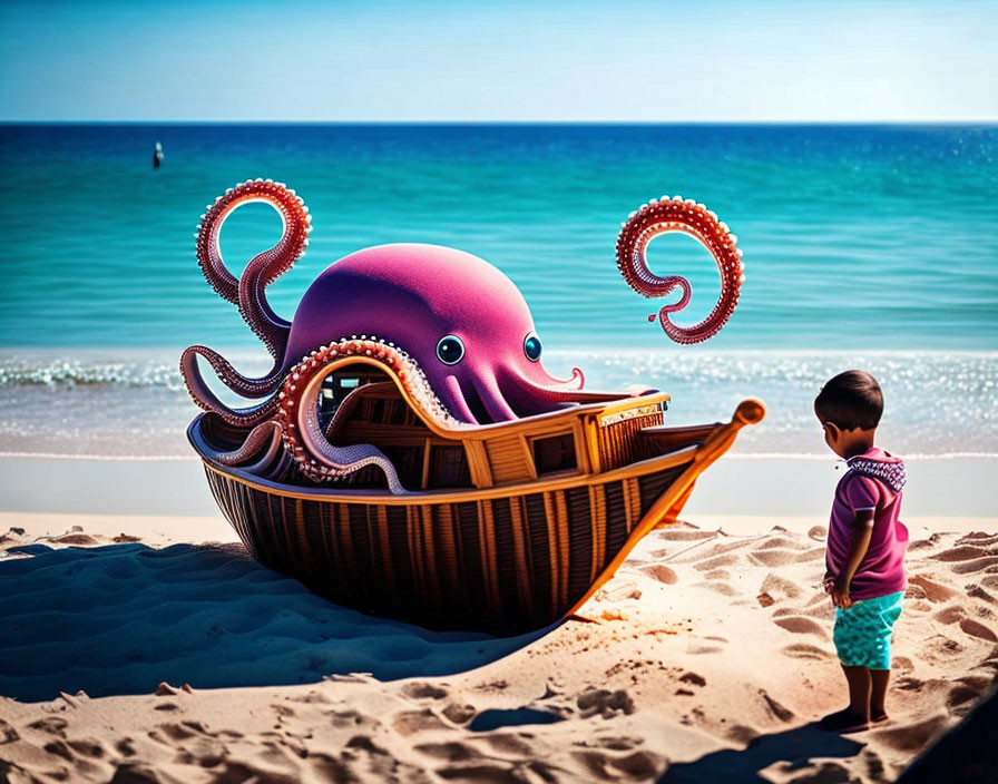 Child on Beach with Giant Cartoon Octopus Boat