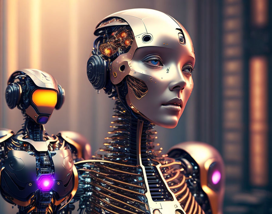 Detailed humanoid robot with exposed mechanics and contemplative expression on warm background.