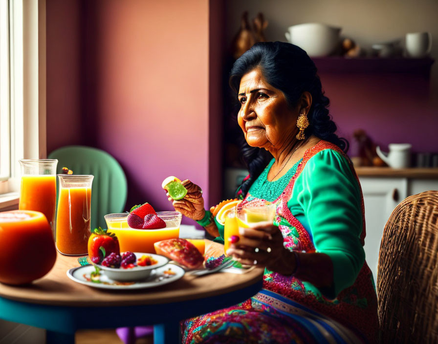 Woman in Green Saree Contemplates by Table with Fruits and Juices