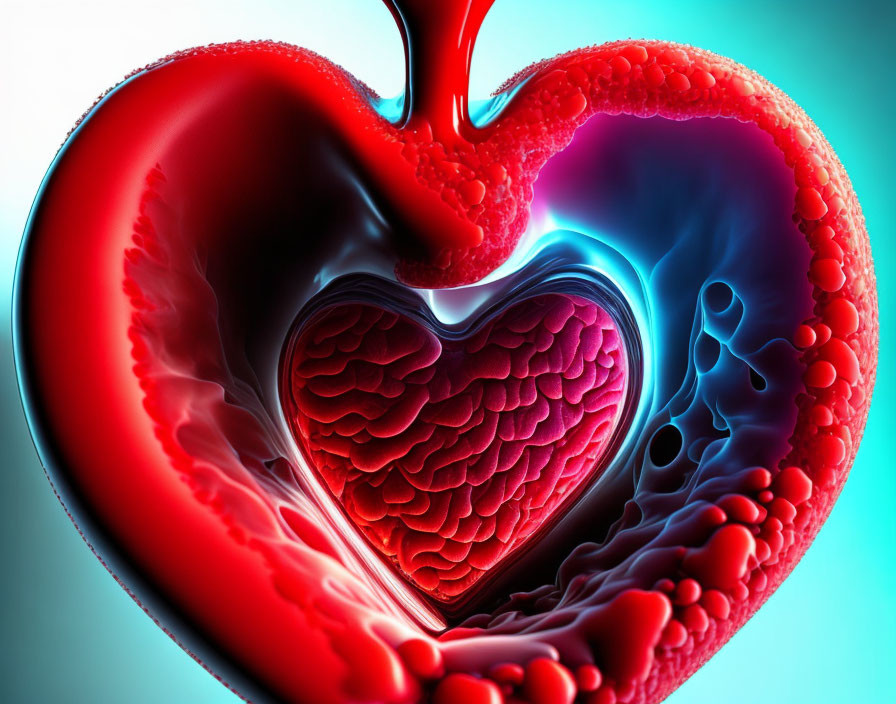 Detailed 3D Illustration of Sectioned Heart Chambers & Blood Flow