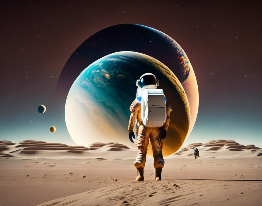 Astronaut on desert alien planet with colorful sky