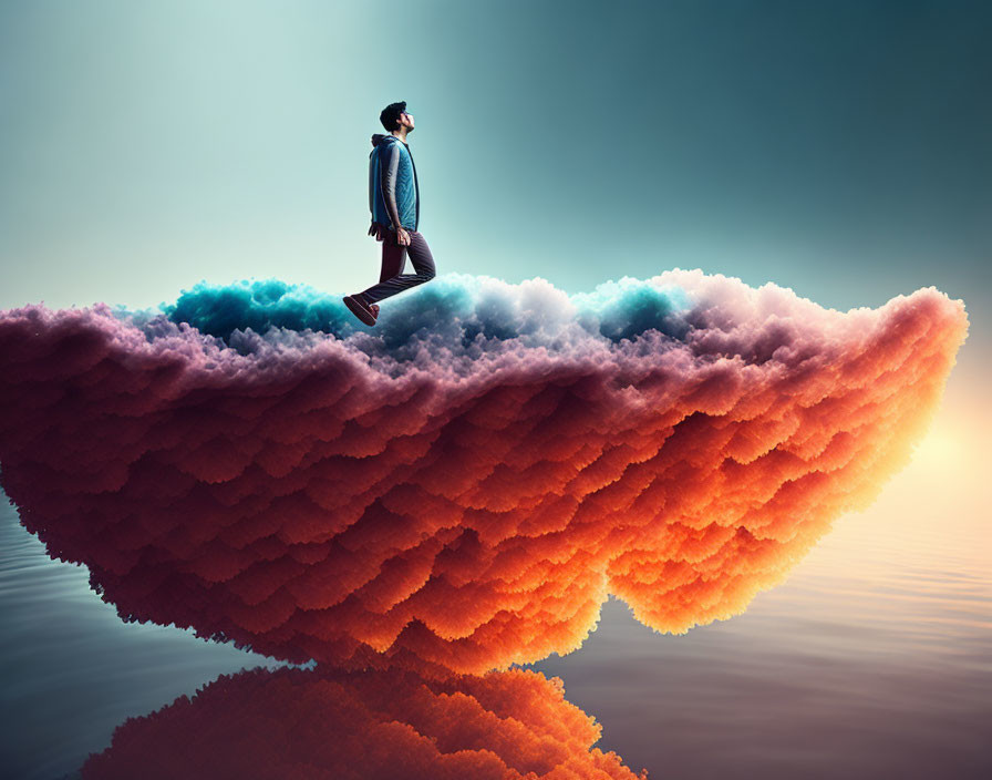 Confident Person Walking on Cloud-Like Formation above Gradient Sky