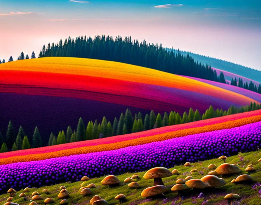Colorful Flower-Covered Hills Under Pastel Sunset Sky