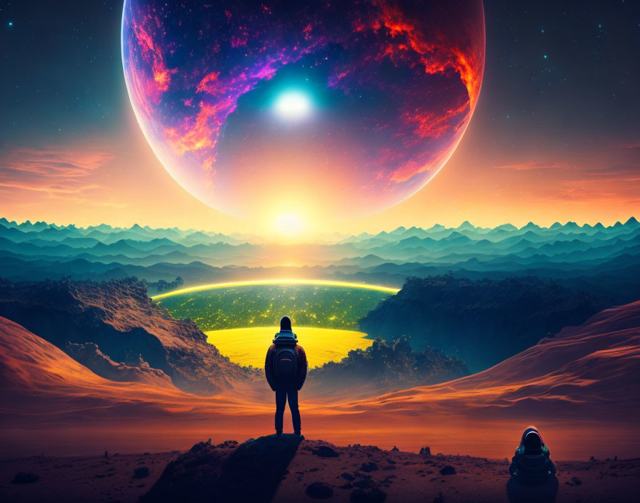 Person standing on rocky terrain gazes at surreal landscape with massive planet and colorful nebulae.