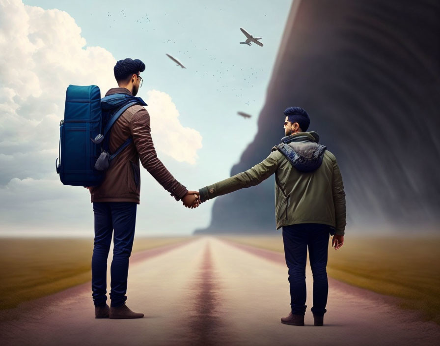 Two men shaking hands at crossroads under dramatic sky with birds and plane.