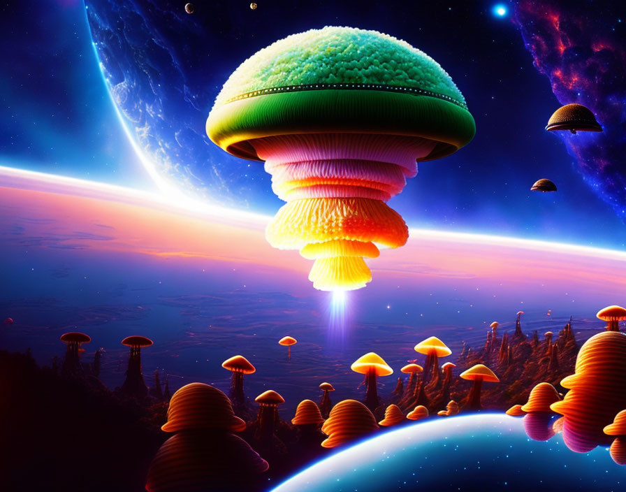 Colorful digital artwork: Mushroom-shaped alien structures in space