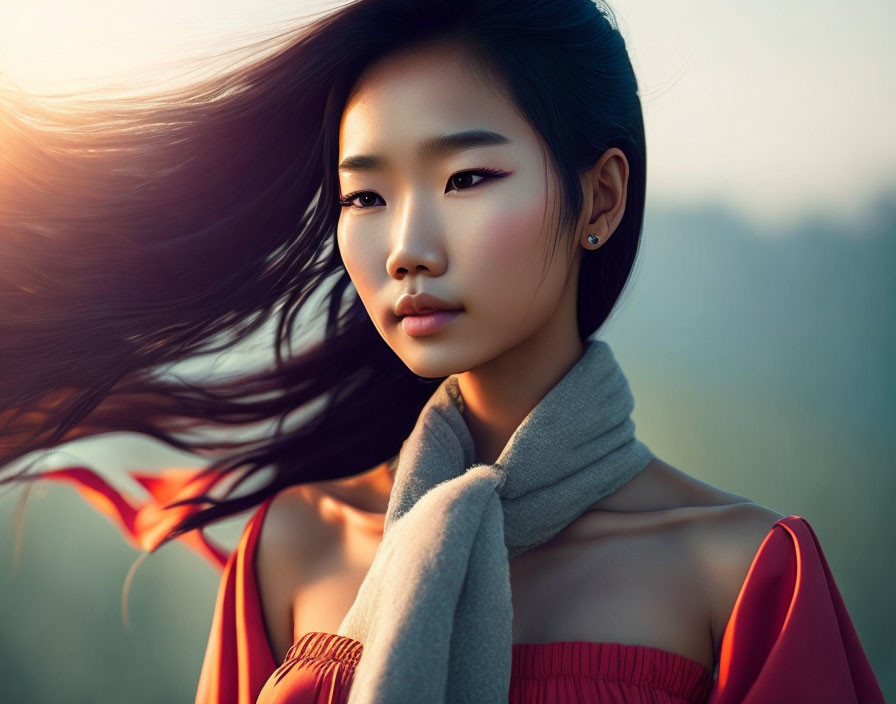 Woman in Red Dress with Long Flowing Hair Serenely Gazing