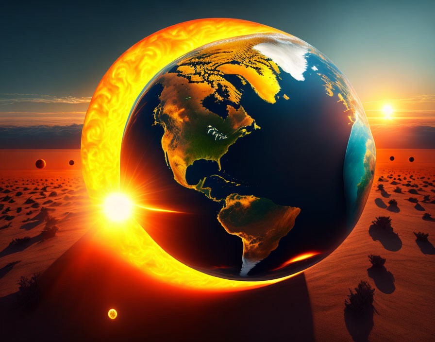 Digital artwork: Earth sliced in half with fiery core against sunset & desert landscape