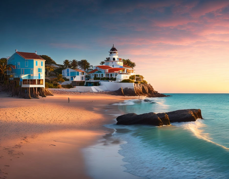 Tranquil beach scene at dusk: pastel skies, lighthouse, colorful houses reflected in water