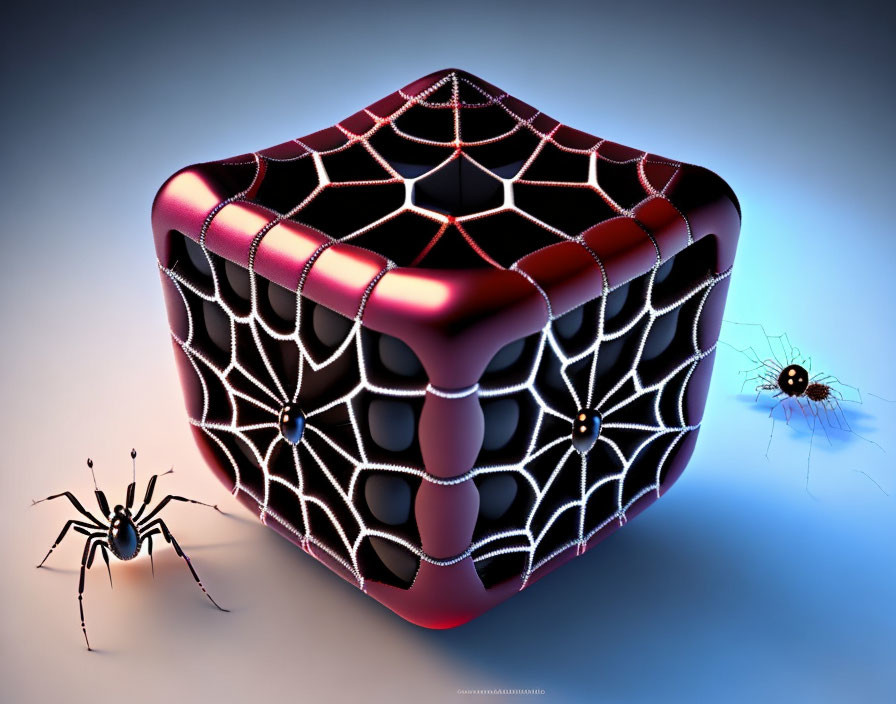 Rubik's Cube with spider web pattern and spider in 3D illustration