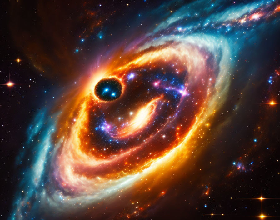 Swirling galaxy with bright stars and black hole