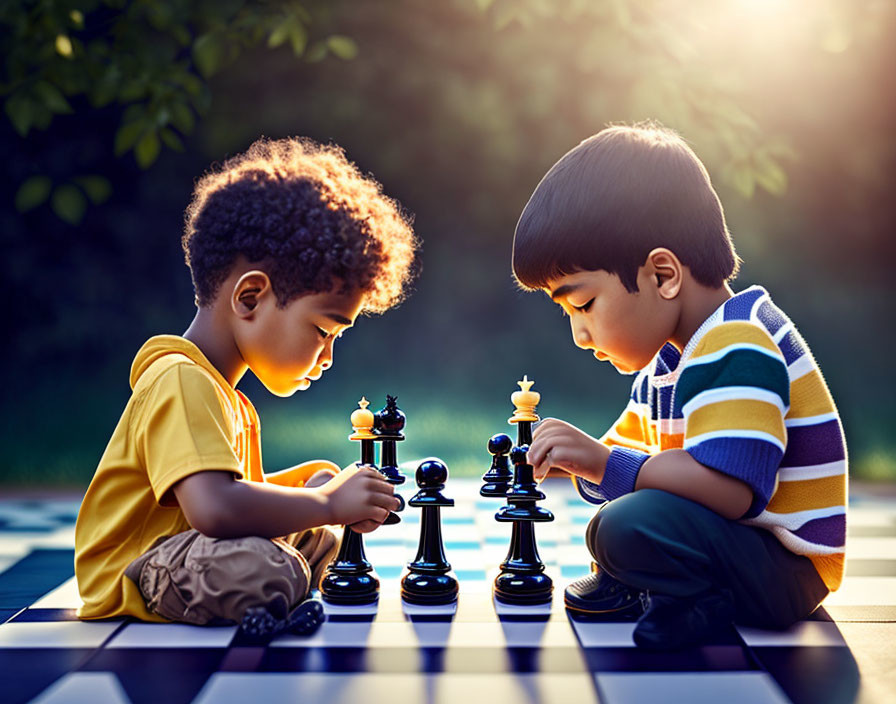 Children playing chess outdoors in sunlight-filtered setting