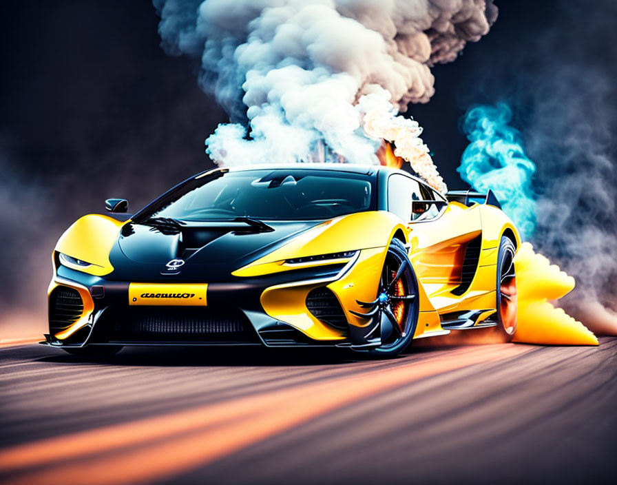 Vibrant yellow sports car with black accents emitting colorful smoke on moody background