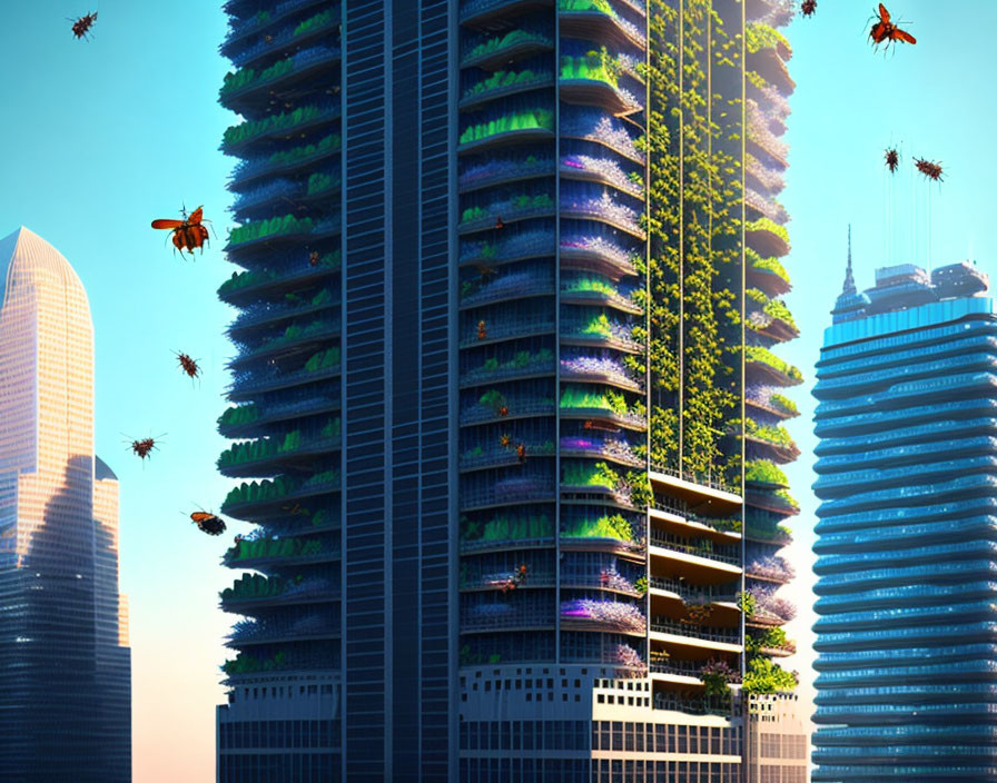 Green Skyscrapers and Flying Vehicles in Futuristic Cityscape