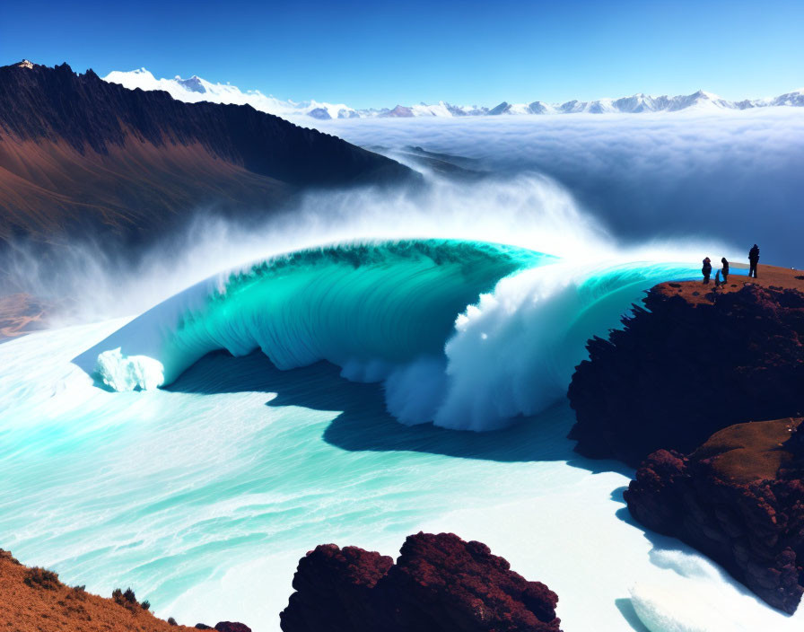 Surreal landscape: Frozen wave over abyss, observers on rocky outcrop
