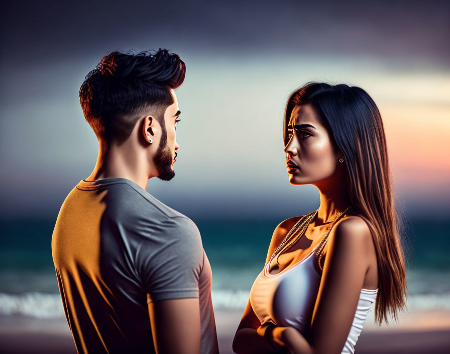 Intense man and woman face off at dusk with colorful sky and tension