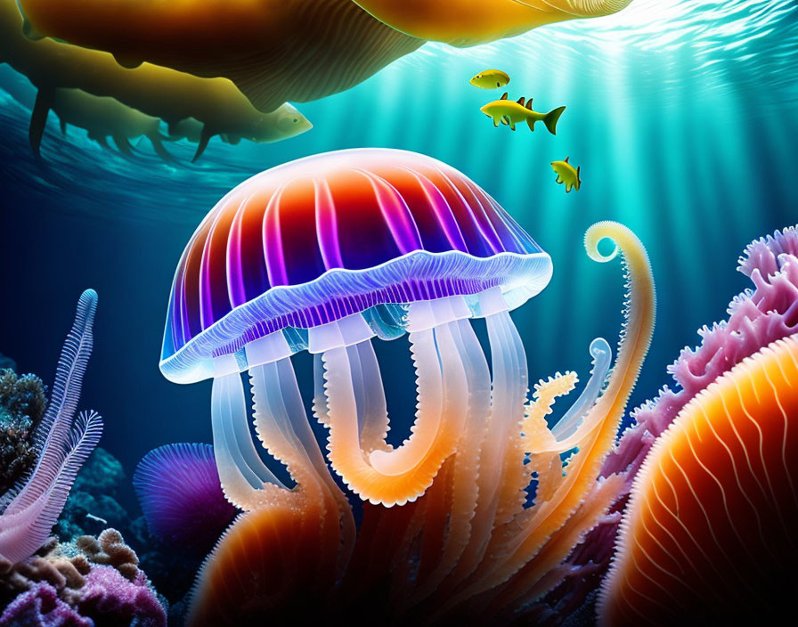 Colorful jellyfish, diverse coral, and fish in vibrant underwater scene